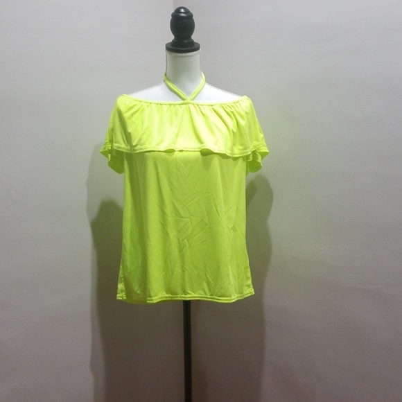 Plus Size Neon Green Off Shoulder Tee - Picture 3 of 6
